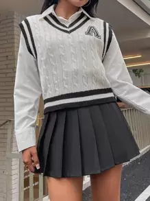 SHEIN Unity Áo len nữ vest Đắp vá Tương phản ràng buộc Lá thư Sọc Sẵn sàng - trắng - Xem 4