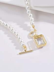 Cubic Zirconia Geometric Charm Beaded OT Buckle Necklace - White - View 3