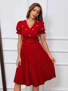 SHEIN Clasi Vestido elegante y romántico con manga corta, cintura recogida, pliegues y flores 3D de perlas, adecuado para fiesta, Año Nuevo, Navidad - Vestido maxi para mujer para ropa de Año Nuevo - Rojo - Ver 2