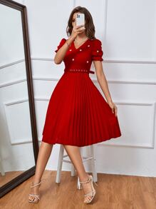 SHEIN Clasi Vestido elegante y romántico con manga corta, cintura recogida, pliegues y flores 3D de perlas, adecuado para fiesta, Año Nuevo, Navidad - Vestido maxi para mujer para ropa de Año Nuevo - Rojo - Ver 5