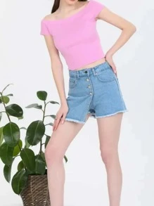 RueChic Raw Hem Button Front Denim Skort - Medium Wash - View 1