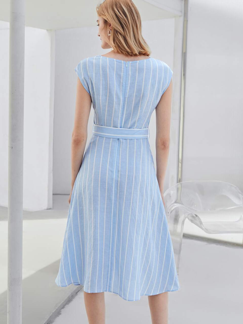 LYOCELL STRIPED BELTED DRESS