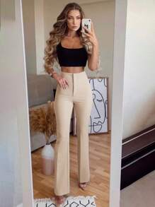 SHEIN Cottnline Wide Waistband Flare Leg Pants - Apricot - View 2