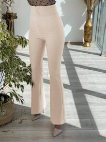 SHEIN Cottnline Wide Waistband Flare Leg Pants - Apricot - View 4