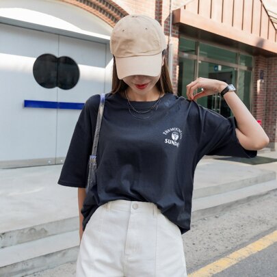레터 그래픽 드롭 숄더 티셔츠 여름 오버사이즈 티셔츠