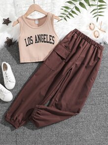SHEIN Girls Letter Graphic Tank Top & Flap Pocket Cargo Trousers - Multicolor - View 1