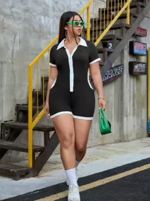 SHEIN EZwear 大碼撞色撞色滾邊前紐扣連身短褲 - 黑色 - 查看 5