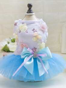 1pc Bow & Flower Decor Pet Dress - Blue - View 6