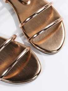 Sandalias Deslizables Con Correa Delgada De Metal, Pantuflas Planas Minimalistas Doradas Para Mujer Para El Verano, Con Correas Delgadas, Punta Redonda, Tallas Grandes, Adecuadas Para Fiestas De Interior Y Exterior - Dorado - Ver 6