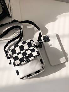 Mini Checkerboard Button Decor Flap Pocket Front Square Bag, Women Girls Checkered Canvas Crossbody Bag Small Handbag & Purse, Cute Preppy Coin Purse & Mobile Phone Bag, Versatile Zipper Shoulder Bag Stylish Messenger Bags - Black and White - View 3
