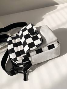 Mini Checkerboard Button Decor Flap Pocket Front Square Bag, Women Girls Checkered Canvas Crossbody Bag Small Handbag & Purse, Cute Preppy Coin Purse & Mobile Phone Bag, Versatile Zipper Shoulder Bag Stylish Messenger Bags - Black and White - View 4