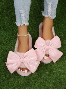 秋冬女士甜美仙女风蝴蝶结网眼软底拖鞋，防滑休闲夏季穿搭，圣诞节装扮，毛绒拖鞋 - 粉色 - 查看 3