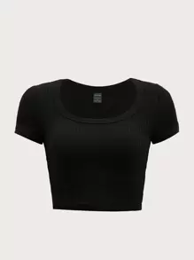 SHEIN EZwear Summer Outfits Solid Crop Textured Knit Tee - Black - View 1