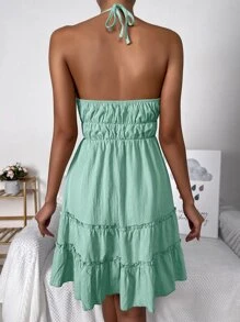 SHEIN Holidaya Tie Front Knotted Backless Ruffle Hem Dress - Mint Green - View 2