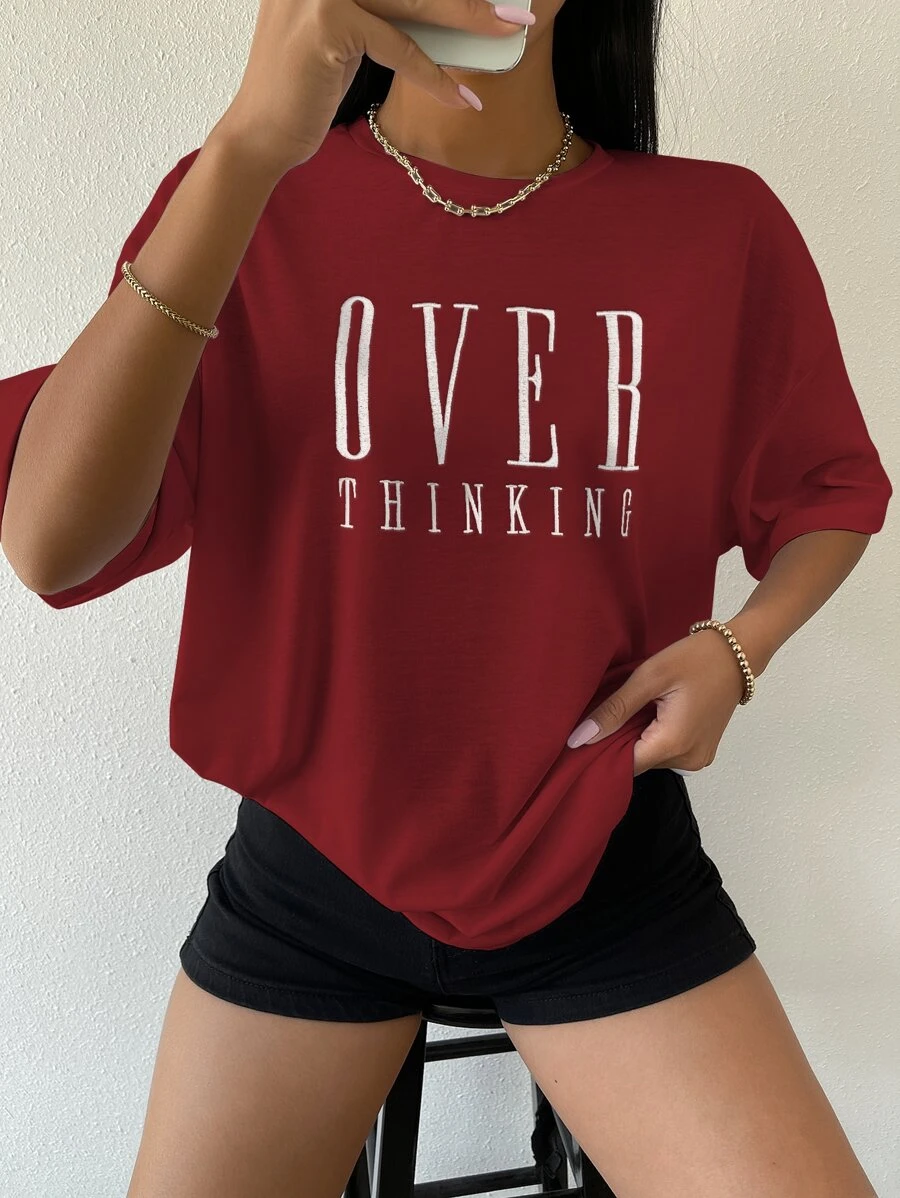SHEIN Unity Drop Shoulder Letter Embroidery Top Graphic Tees Women Tops - Burgundy - View 1