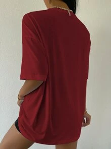 SHEIN Unity Drop Shoulder Letter Embroidery Top Graphic Tees Women Tops - Burgundy - View 2