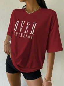 SHEIN Unity Drop Shoulder Letter Embroidery Top Graphic Tees Women Tops - Burgundy - View 3