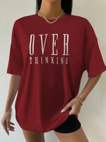 SHEIN Unity Drop Shoulder Letter Embroidery Top Graphic Tees Women Tops - Burgundy - View 4