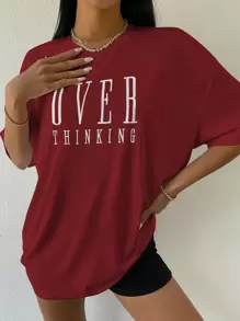 SHEIN Unity Drop Shoulder Letter Embroidery Top Graphic Tees Women Tops - Burgundy - View 5