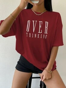 SHEIN Unity Drop Shoulder Letter Embroidery Top Graphic Tees Women Tops - Burgundy - View 6