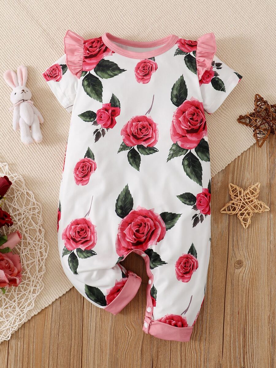 Bebé Jumpsuit con estampado floral ribete con fruncido