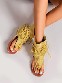 女士前綁帶流蘇裝飾平底時尚仿麂皮T字帶涼鞋 - 黃色 - 查看 5