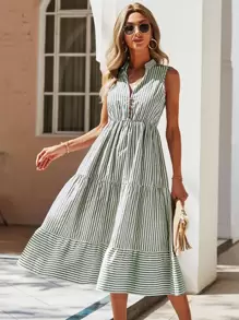 Breezaya Striped Print Notched Neck A-line Dress - Multicolor - View 1