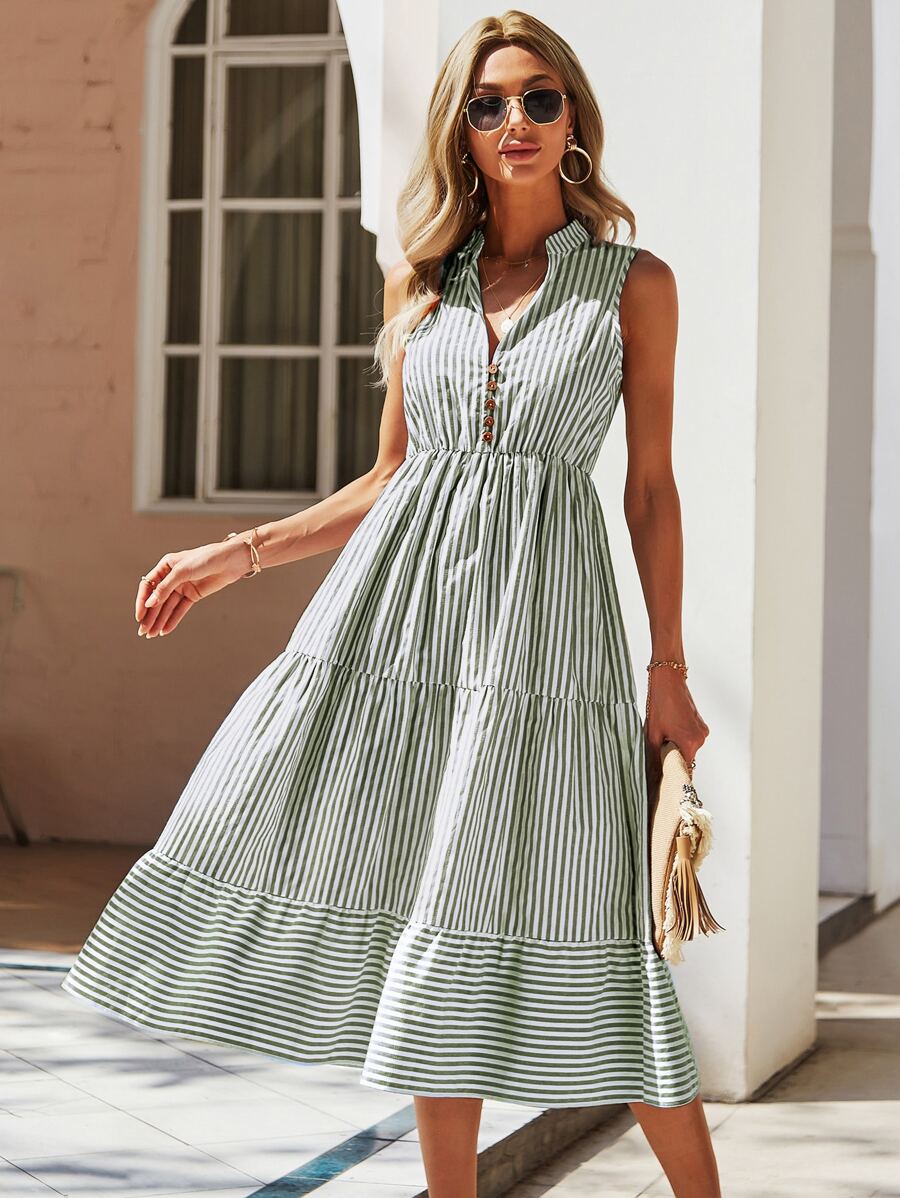 Breezaya Striped Print Notched Neck A-line Dress - Multicolor - View 1
