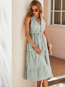 Breezaya Striped Print Notched Neck A-line Dress - Multicolor - View 5