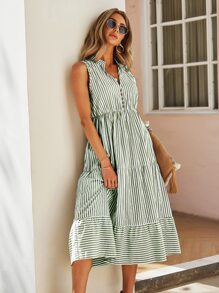Breezaya Striped Print Notched Neck A-line Dress - Multicolor - View 6
