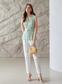 MOTF PREMIUM PLEATED BELTED SHIRT - Mint Green - View 10