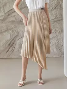 MOTF PREMIUM ASYMMETRICAL HEM PLEATED SKIRT - Khaki - View 11