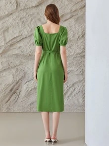 MOTF PREMIUM LINEN PUFF SLEEVE BELTED DRESS - Green - View 3