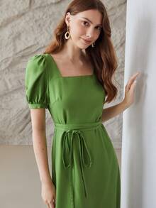 MOTF PREMIUM LINEN PUFF SLEEVE BELTED DRESS - Green - View 4