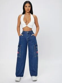 SHEIN PETITE Quần jean nữ Nút Đắp vá Túi Dây kéo Lá thư - Rửa tối - Xem 4