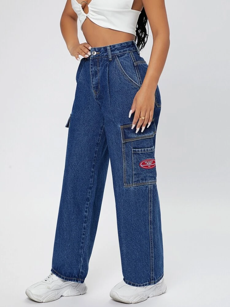 SHEIN PETITE Ganga Cintura alta Lado do bolso Ampla - Lavagem escura - Ver 5