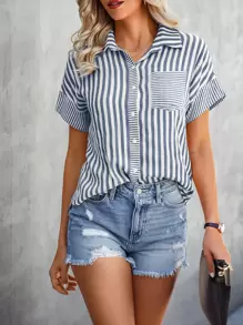 SHEIN LUNE Striped Print Button Front Shirt,Short Sleeve Tops