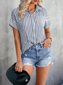 SHEIN LUNE Striped Print Button Front Shirt,Short Sleeve Tops