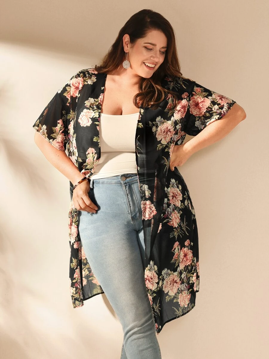 EMERY ROSE Plus Size Floral Print Drop Shoulder Chiffon Kimono Summer