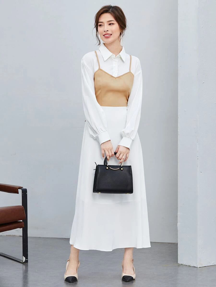 Mulvari Đầm Buộc lại Nút phía trước Khối Màu Thanh lịch - trắng - Xem 1