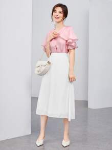 SHEIN Clasi Váy nữ Xếp li Dây kéo màu trơn Thanh lịch - trắng - Xem 4