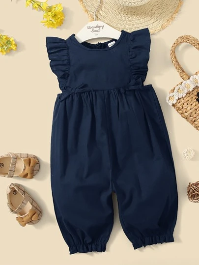 Baby Girl Casual Everyday Ruffle Armhole Loose Jumpsuit, Solid Color, Summer