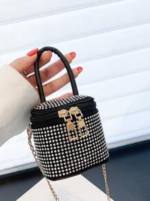 Mini Rhinestone Decor Bucket Bag - Black - View 1