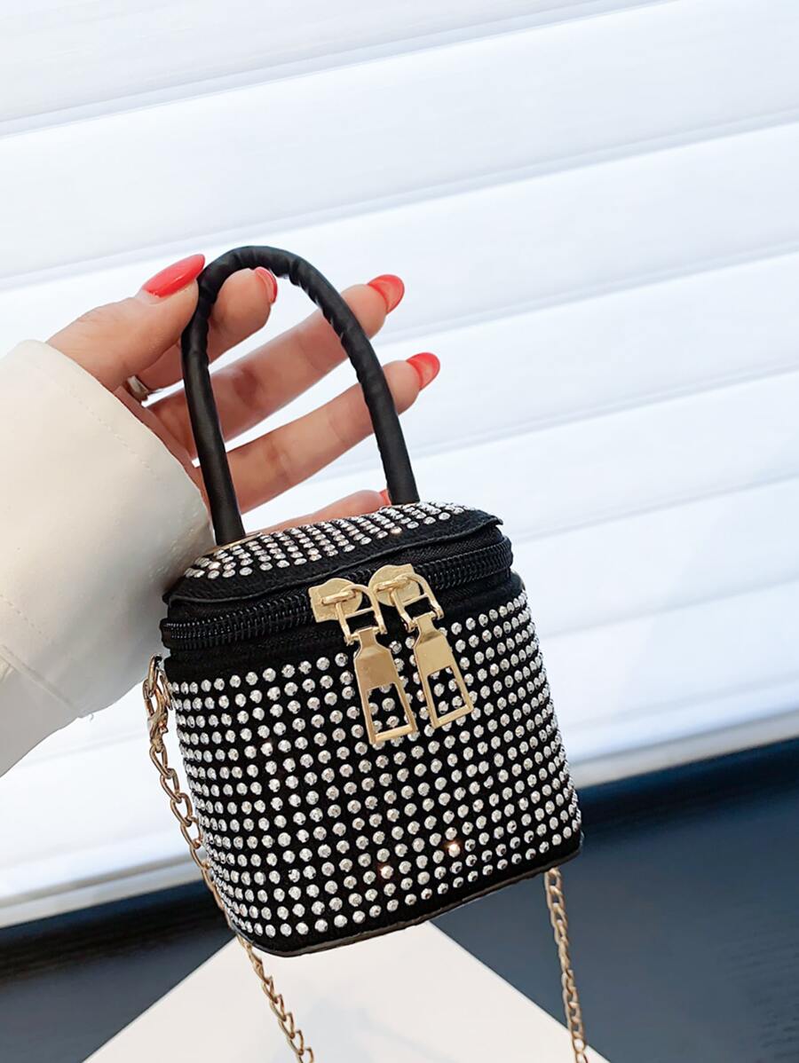 Mini Rhinestone Decor Bucket Bag - Black - View 1