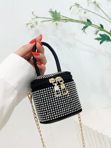 Mini Rhinestone Decor Bucket Bag - Black - View 4