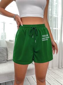SHEIN Unity Shorts deportivos de cintura con cordón con estampado de slogan - Verde - Ver 3