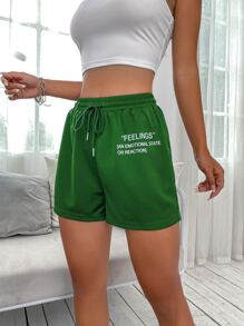 SHEIN Unity Shorts deportivos de cintura con cordón con estampado de slogan - Verde - Ver 5