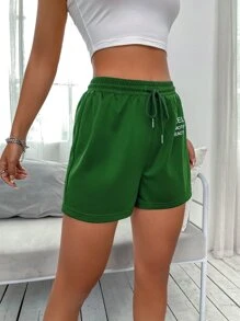 SHEIN Unity Shorts deportivos de cintura con cordón con estampado de slogan - Verde - Ver 6