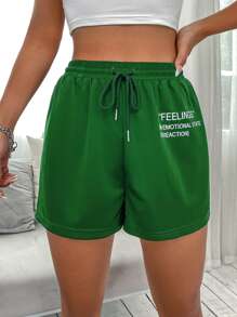 SHEIN Unity Shorts deportivos de cintura con cordón con estampado de slogan - Verde - Ver 1