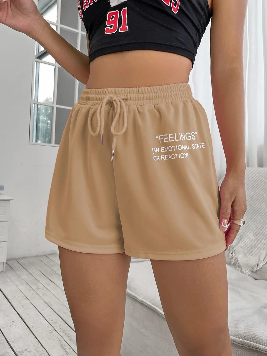 SHEIN Unity Drawstring Waist Slogan Graphic Track Shorts - Khaki - View 1